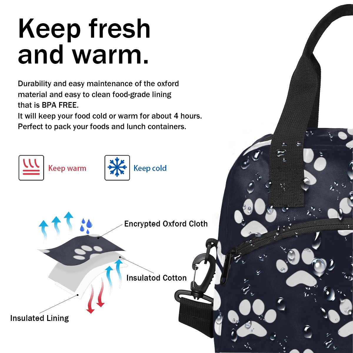 Herdesigns Dog Bones Paw Insulated Lunch Bag for Women Men Adults Large Reusable Lunch Box Dog Paws Leakproof Cooler Tote Bags with Adjustable Shoulder Strap