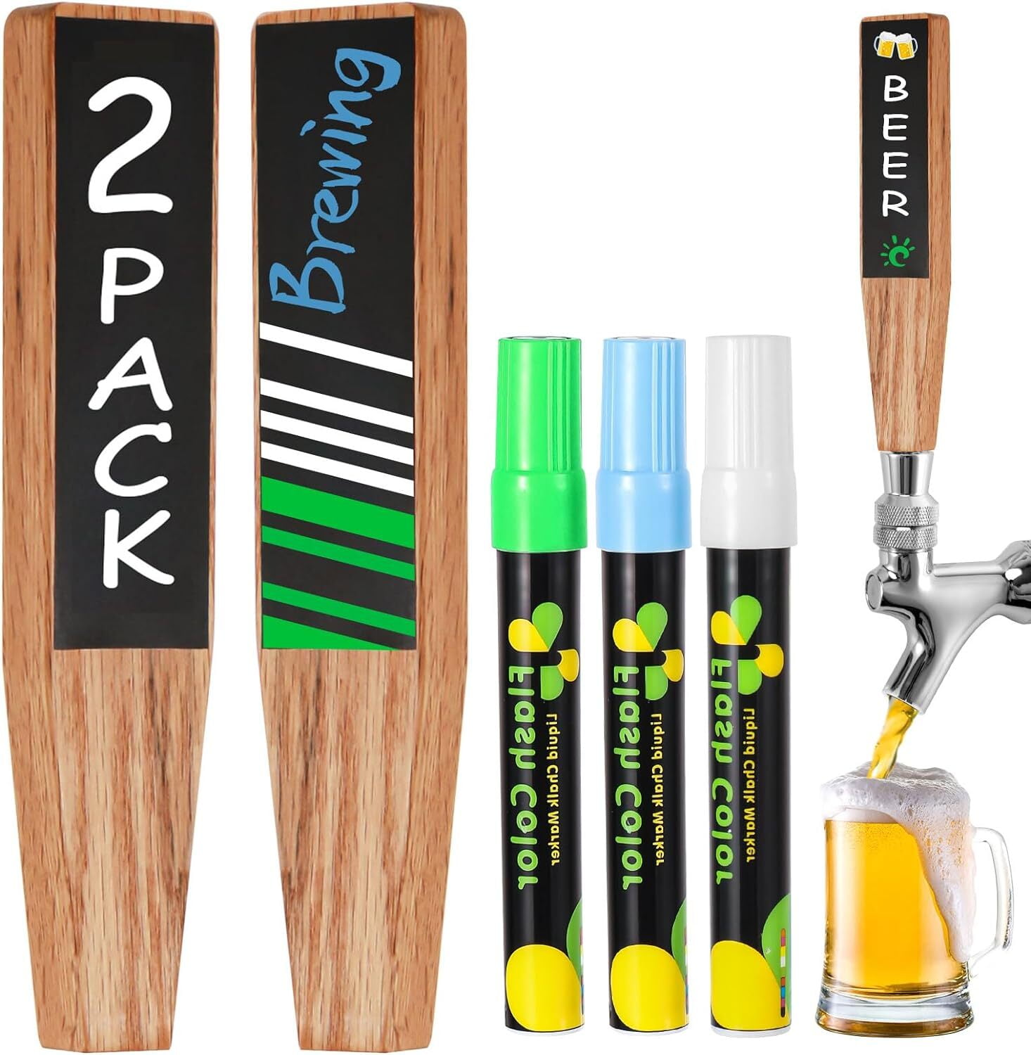 Wellbom 2Pcs Wooden Beer Tap Handle Chalkboard Beer Tap Handles Kegerator Beer Faucet Handle with Chalk Markers