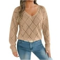 thumbnail image 2 of Royisotas Womens Sweaters Pullover V Neck Long Sleeve Checkered Khaki Casual Sweater Tops for Juniors, 2 of 6