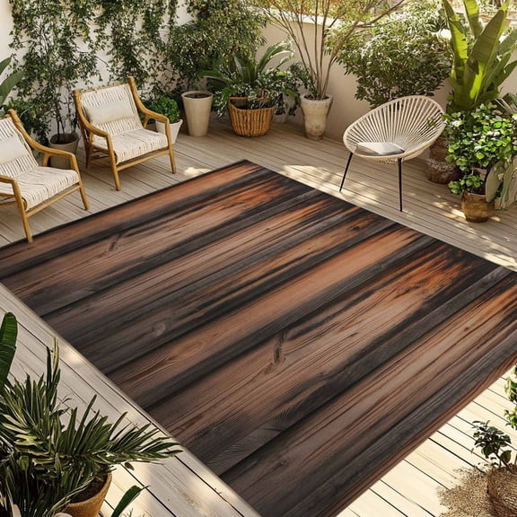 Retro Farmhouse Outdoor Rug for Patio/Deck/Porch, Non-Slip Large Area Rug 5 x 8 Ft, Brown Wooden Grain Cabin Country Plank Indoor Outdoor Rugs Washable Area Rugs, Reversible Camping Rug Carpet Runner