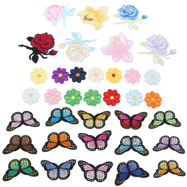 HAOAN 36 Pcs Papillons Fleurs Écussons Thermocollants Colorés Appliqués à Coudre Broderie Badge Logo Écusson Appliqué Roses Bricolage Artisanat