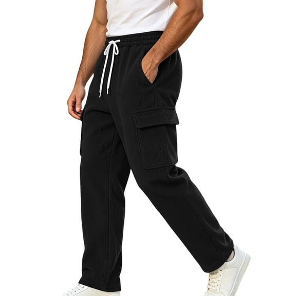 MXALUOB Men's Corduroy Pants Wide Leg Textured Winter Cargo Pants Drawstring Elastic Waist Trousers with Pockets for Daily Wear