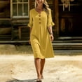 thumbnail image 5 of Women's Loose Dresses V Neck 3/4 Ruffle Sleeve Sundress with Button Front Linen Blend Shift Dress for Summer Vacation Yellow L, 5 of 9