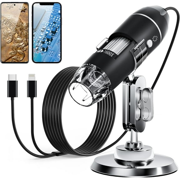 USB Digital Microscope Camera, Handheld HD Inspection Camera 50x-1600x Magnification with Adjustable Stand, 8 LED Lights, Portable Microscopes Compatible with iOS & Android Devices(Black)