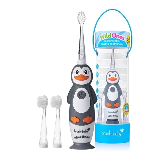 Brush-Baby WildOnes Kids Electric Toothbrush, Penguin Design, 2-Min Timer, 3 Brush Heads, Soft Bristles, Ages 0-10