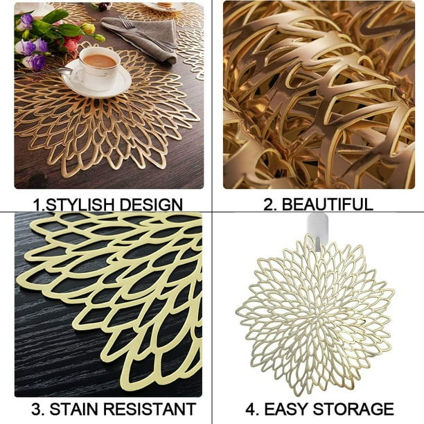 Manteles Individuales Redondos Huecos, 4 Piezas Manteles Individuales Redondos Metálicos Dorados Hoja De Vinilo Laminado Mesa De Comedor Decorativo Antideslizante Adepaton LL-1104 | En Línea