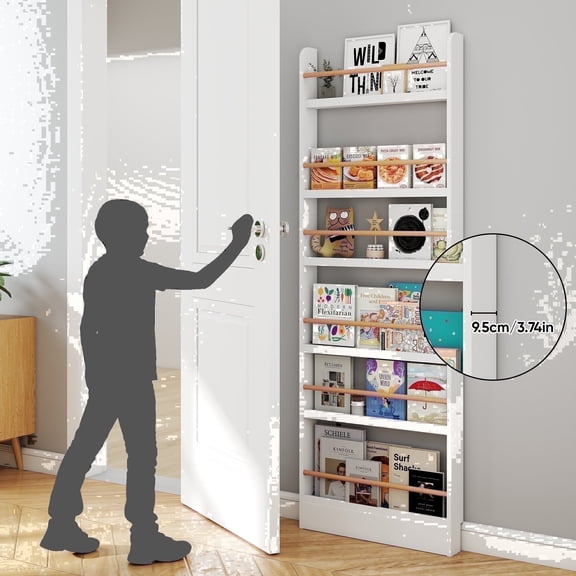 VGBYUJ Behind The Door Bookshelf, 6 Tier Slim Bookcase for Narrow Space, Space-Saving Wall Mount Narrow BookShelf for Bedroom Living Room Kitchen, White