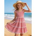 thumbnail image 4 of Arshiner Girls Bow-Tie Straps Smocked Backless Tiered Sundress with Pockets | Girls Summer Sleeveless Flowy Swing Lace Tiered Midi Dress for Kids 5-12 Years, 4 of 5
