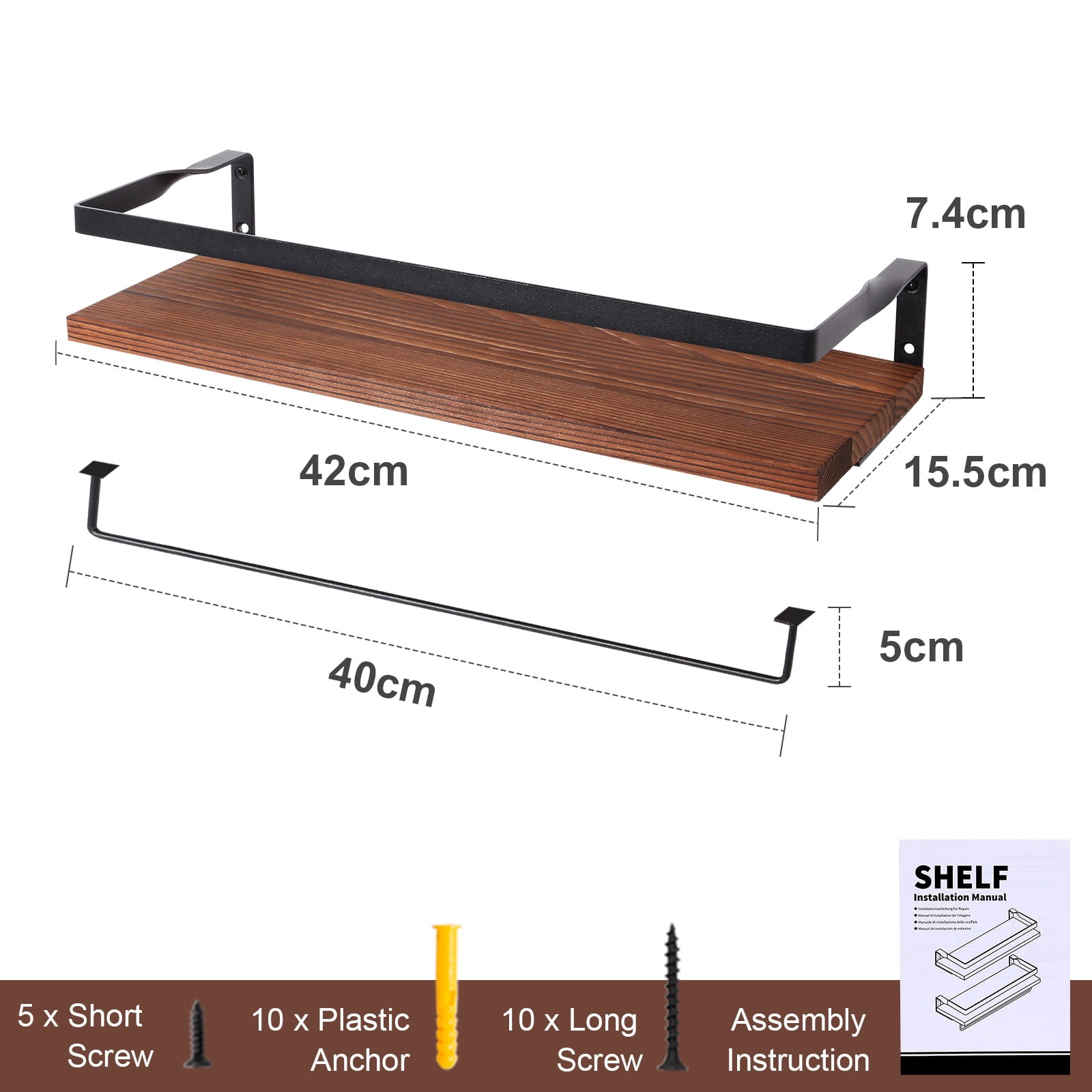 Uten Wall Mounted Floating Shelves Set of 2, Solid Wood Storage Shelves on Metal Frame and Towel Bar for Bathroom, Kitchen, Bedroom, Decorative & Space Saving