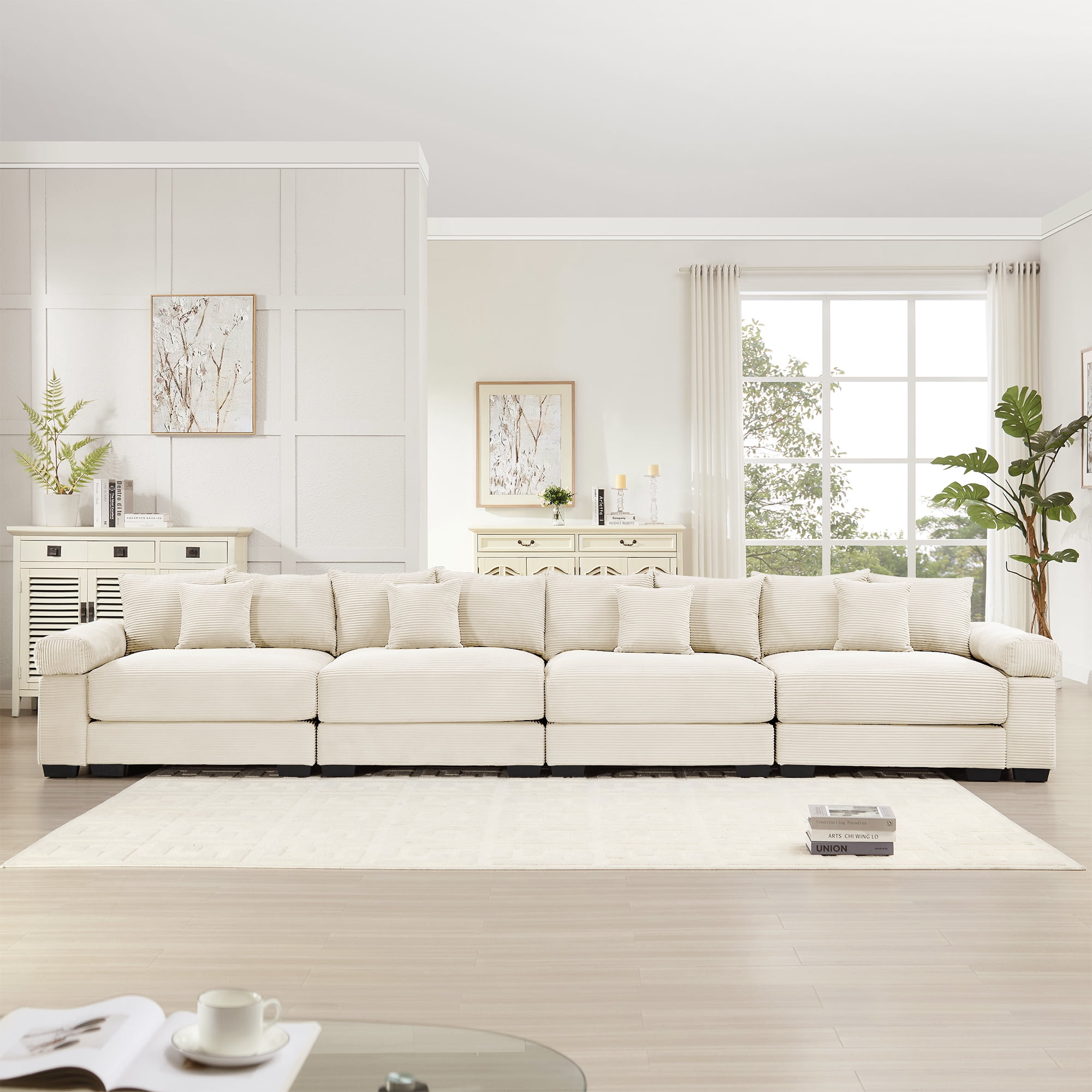 Anpport 170" Oversized Cloud Modular 4-Seater Beige Corduroy Sofa, 12 Throw Pillows Included, Washable Removable Covers, Double-Layer Thick Cushions, Wide Armrest