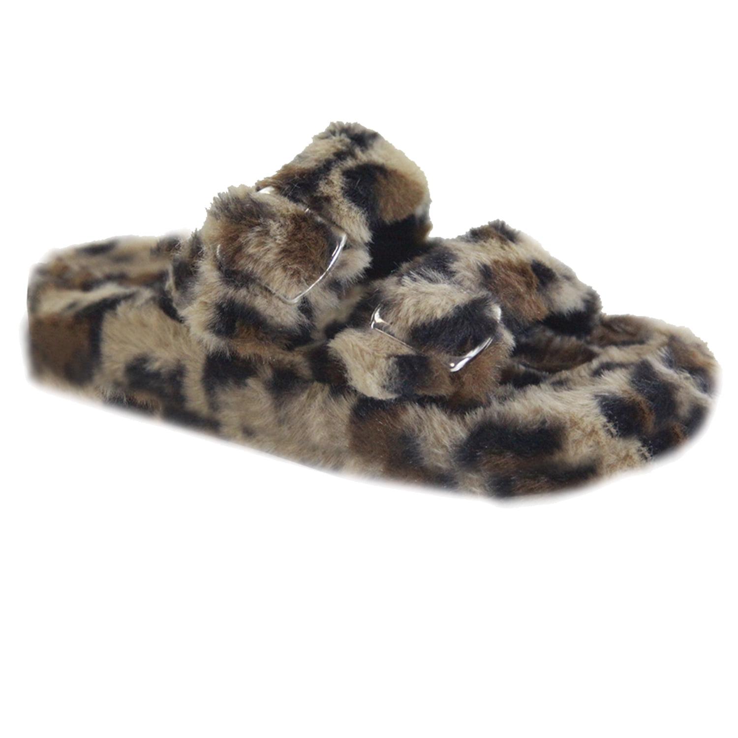 New Women's Buckle Double Strap Sherpa Teddy Faux Fur Flat Plush Sandal ...