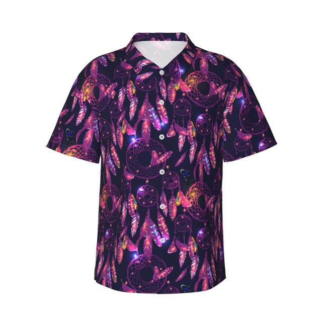 Balery Purple Dreamcatcher Camisas hawaianas de manga corta para hombre, camisas playeras de corte holgado, camisas de vacaciones con botones,Small