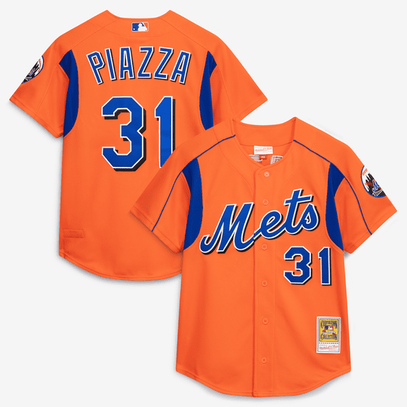 Men's Mitchell & Ness Mike Piazza Orange New York Mets Cooperstown Collection Mesh Batting Practice Button-Up Jersey