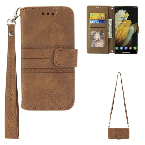 TECH CIRCLE Galaxy S22 Ultra 5G Phone Crossbody Handbag Case 6.8" with Stand Shoulder & Wrist Strap Card Slots Embossed PU Leather Soft TPU Folio Wallet Shockproof Cover for S22 Ultra 2022, Brown