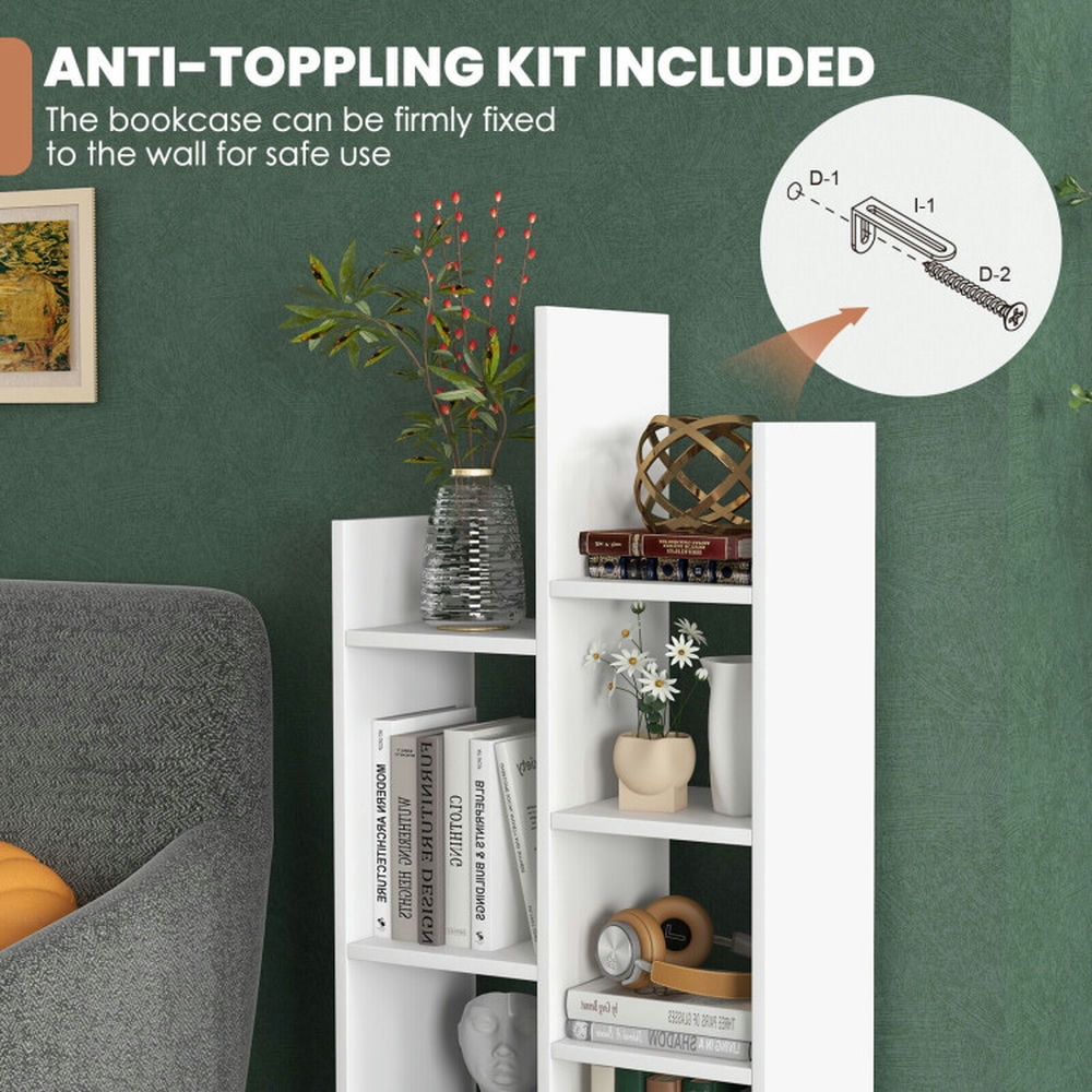 Demi Bonn 7-Tier Open-Back Bookshelf with Drawer, Space-Saving Storage Rack Bookcase, White