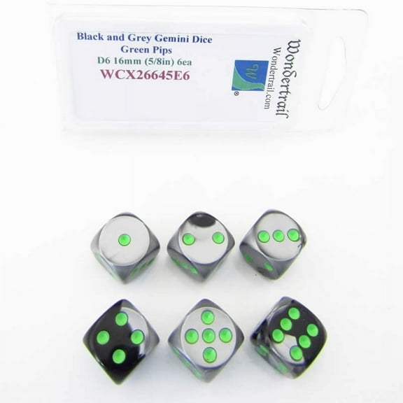 Black and Grey Gemini Dice with Green Pips D6 16mm (5/8in) Pack of 6 Wondertrail