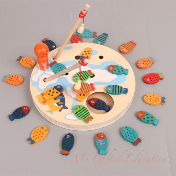 2-in-1 Wooden Magnetic Fishing Toy - Double-sided Alphabets Numbers Color Matching Sorting - Toddler Pre-school STEM Montessori Waldorf Gift