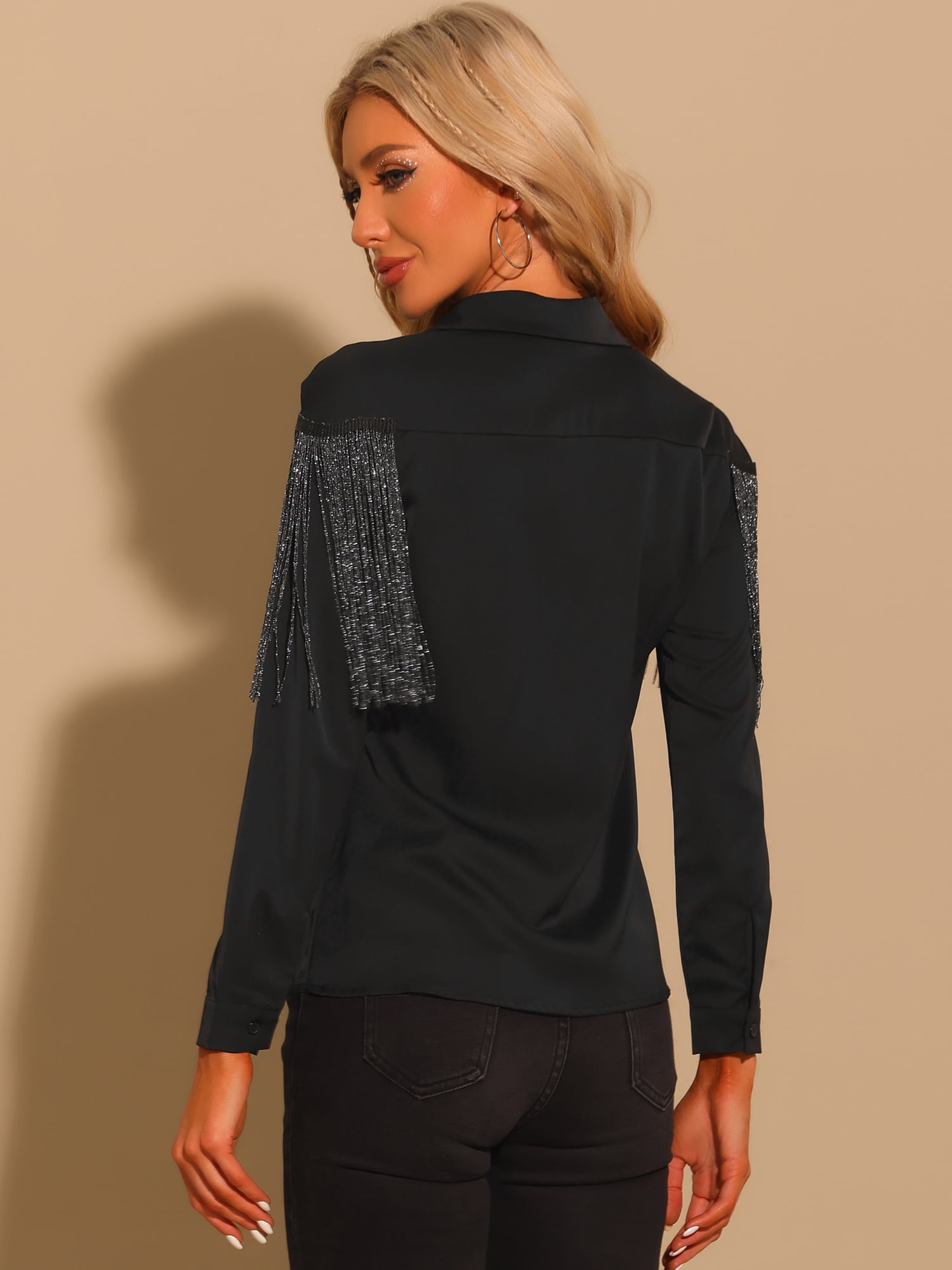DARING DIVA Women's Fringe Button Down Disco Shirts Blouse XL Black