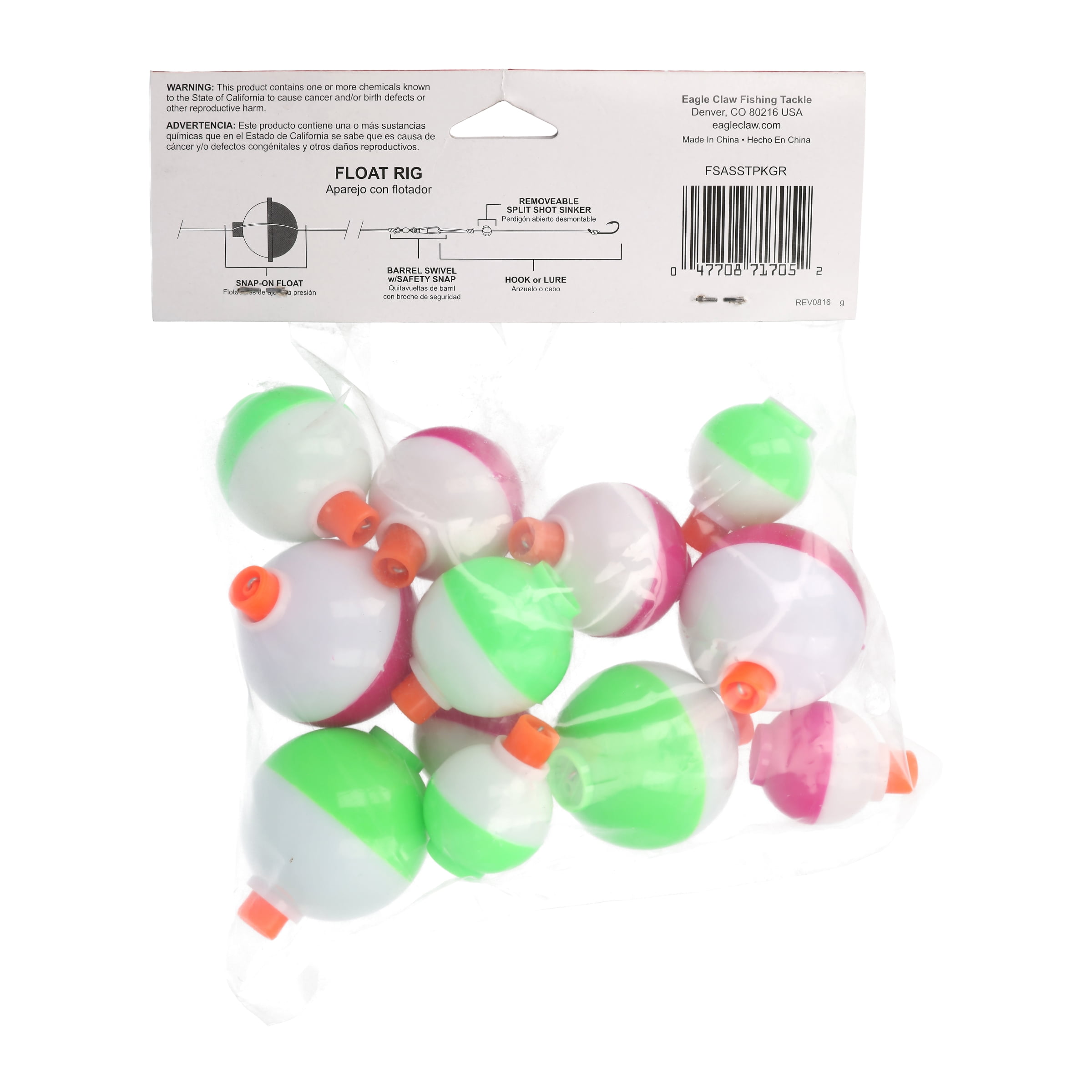 (6 pack) Eagle Claw Snap-On Floats, Pink, White, & Green, with Assorted Sizes