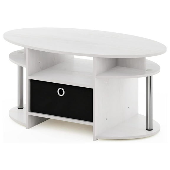 Jaya Simple Design Oval Coffee Table with Bin for Living Room, White Oak/Chrome/Black