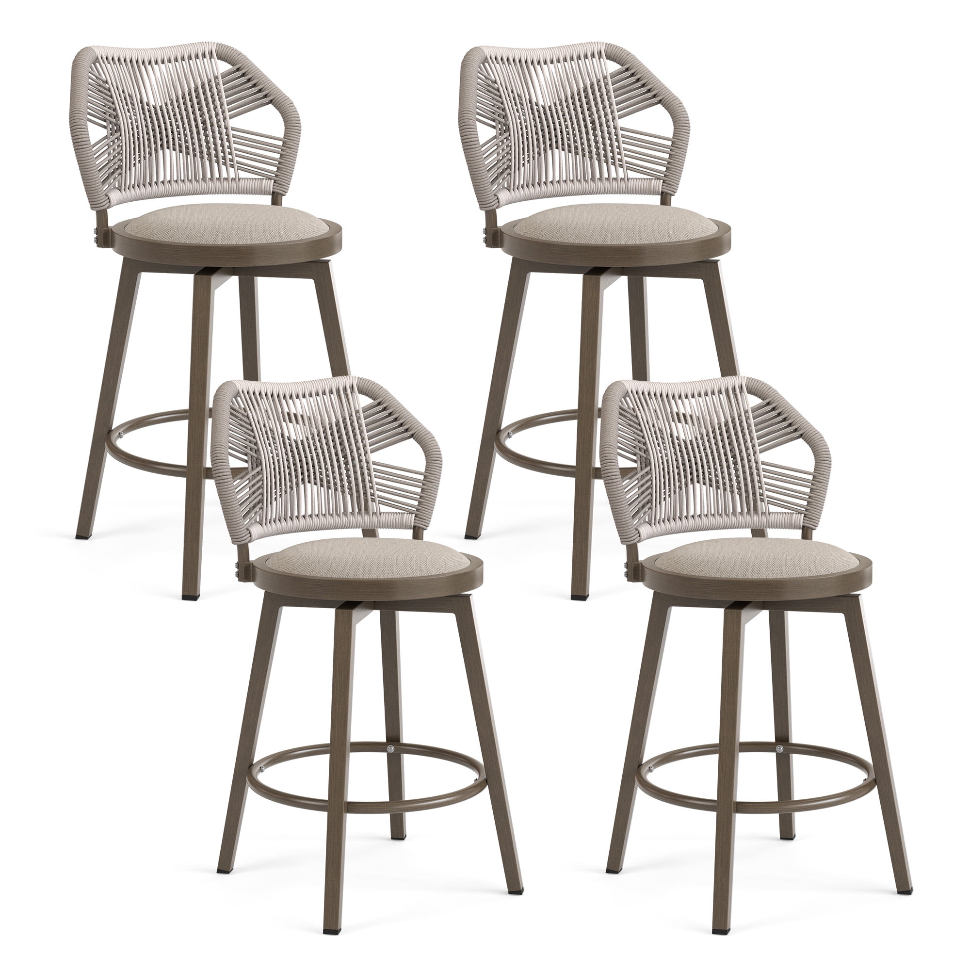 Dycanpo 26'' Swivel Bar Stools Set of 4, Counter Height Stools with Woven Backrest & Footrest, Beige