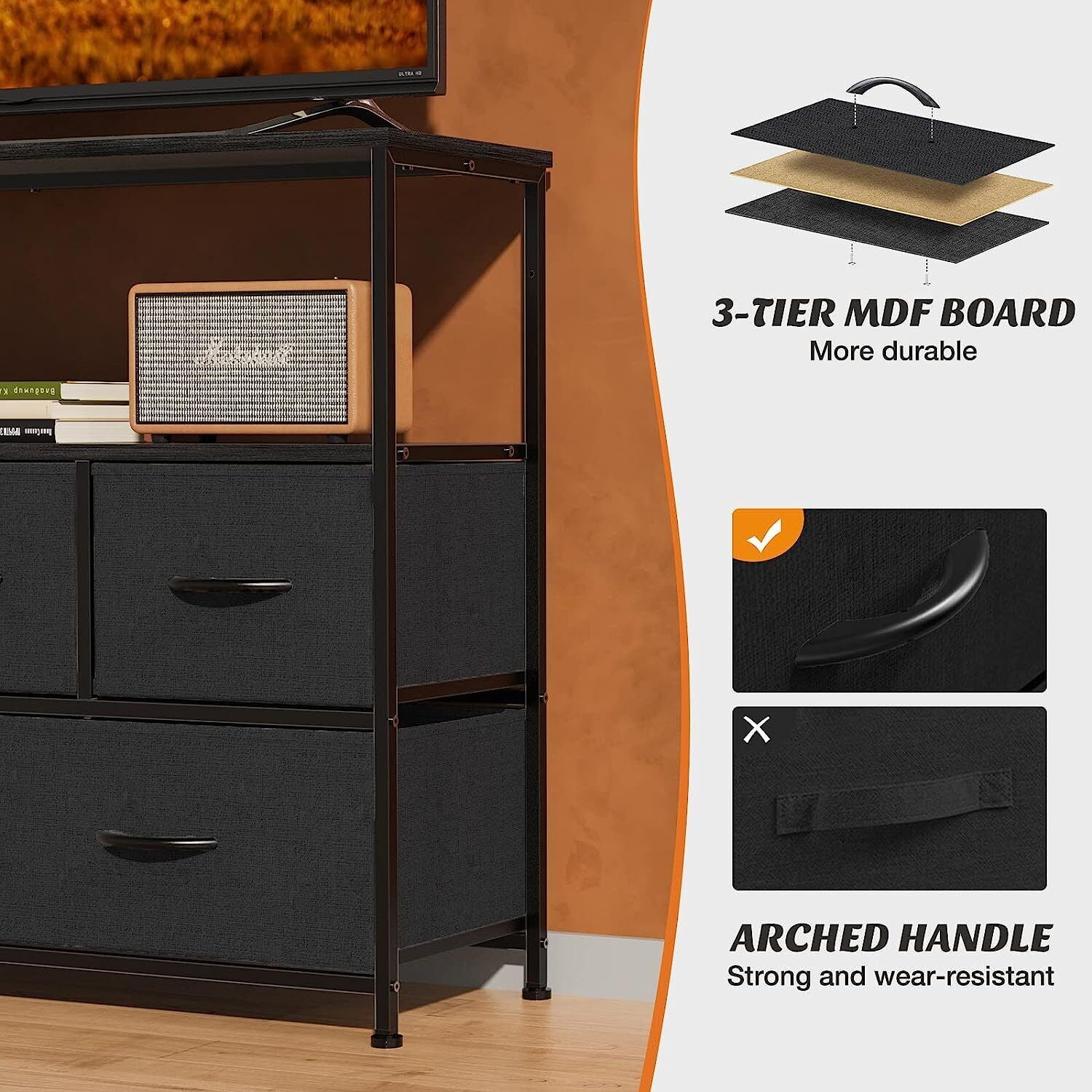 Nextay TV Stand Dresser with 5 Fabric Drawers, Small Media Console with Open Shelf for 45-Inch TV, Storage Organizer for Bedroom, Dorm, or Living Room