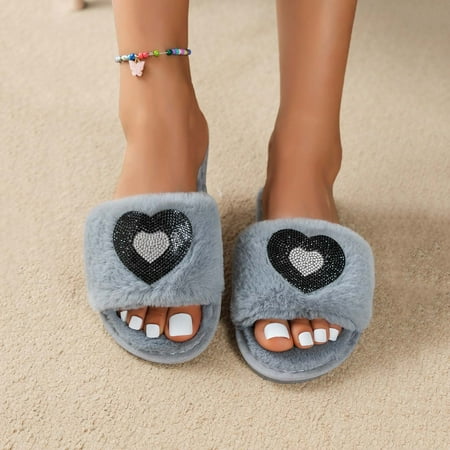 

SUODUI Women s Slippers Fashion Winter Women Slippers Flat Bottom Non Slip Plush Warm Open Toe Comfortable Rhinestone Sequins Gray 6.5