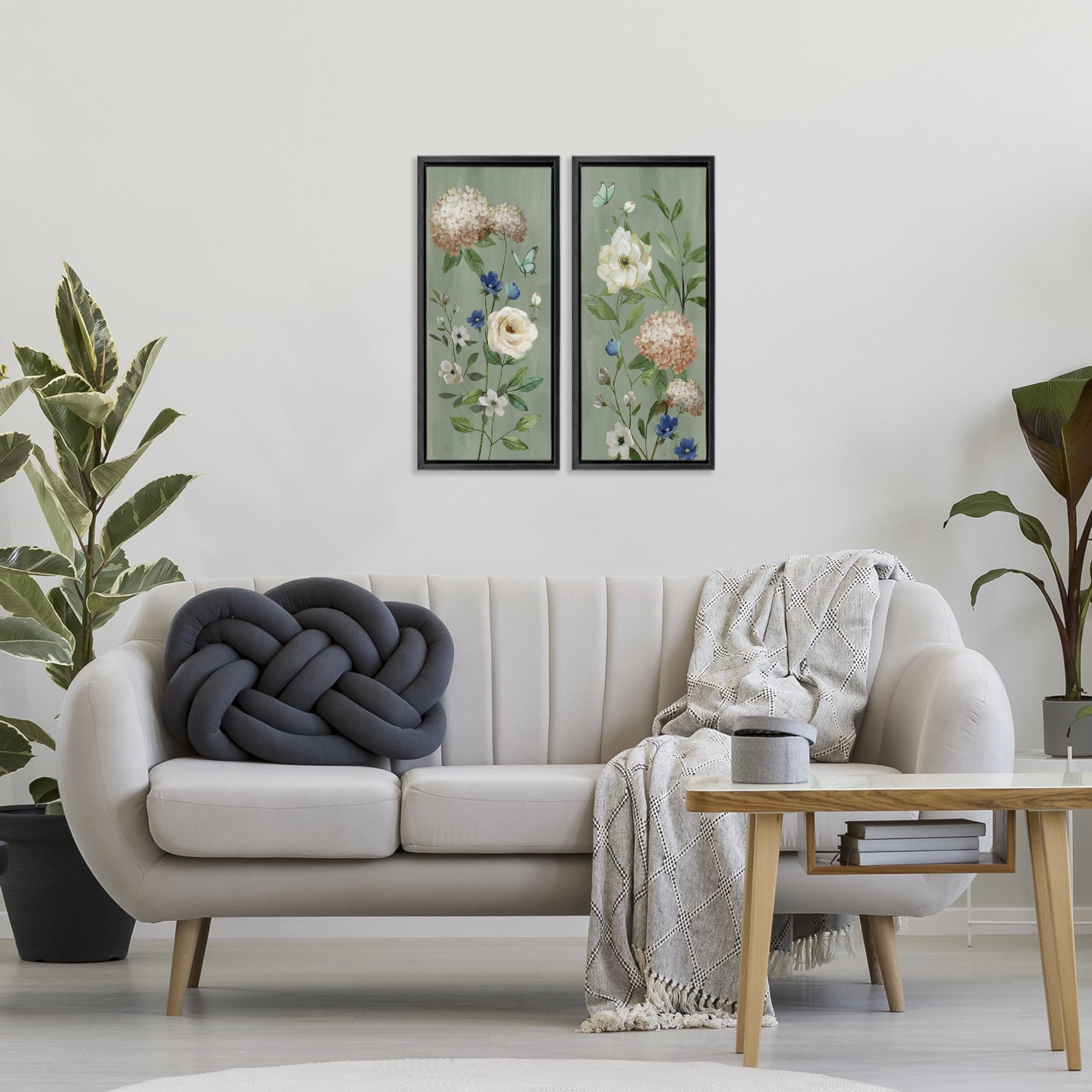 Stupell Industries Mint Hydrangeas & Roses 2 Piece Black Framed Floater Canvas Set, design by Nan