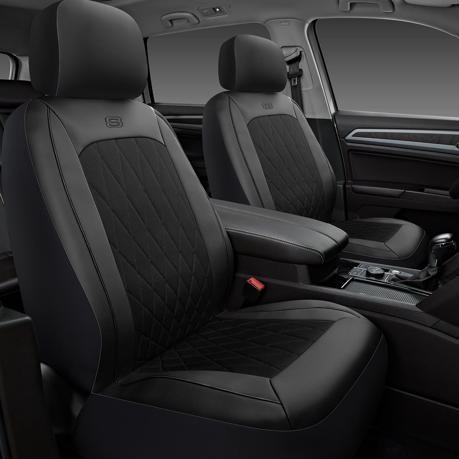 Skechers Car Seat Covers , Air-Cool Design Memory Foam Seat Covers, Piping Leather Mesh Car Seat Cover,Airbag Compatible,Automotive Comfort Universal FitMost Cars,Vans,Truck,SUV,Black Front Set