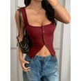 thumbnail image 3 of Womens Square Neck Button Down Ribbed Tank Tops Cute Sleeveless Summer Tops Red XL, 3 of 5