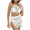 thumbnail image 2 of Njoeus Women's Beach Swimsuit Cover up 2 Piece Outfits Tassel Crochet Mesh Halter Crop Top and Skirt Set Bathing Suit Bikini Cover Ups for Women, 2 of 7