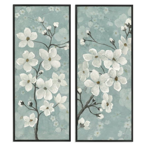 Stupell Industries Green Toned Blossoms Floral Painting Black Framed Art Print Wall Art, 13 x 30, Set of 2