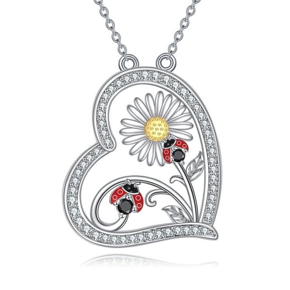Ladybug Necklace Sterling Silver Daisy Pendant Heart Jewelry Gifts for Women