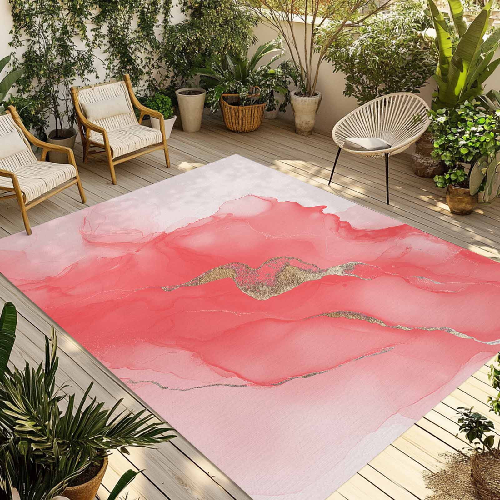 Outdoor Rug 3x5ft Abstract Ombre Pink Marble Large Area Rug White Modern Art Indoor Outdoor Carpet Outdoor Rugs Mats for Patio Camping,RV,Front Door, Outside Decor