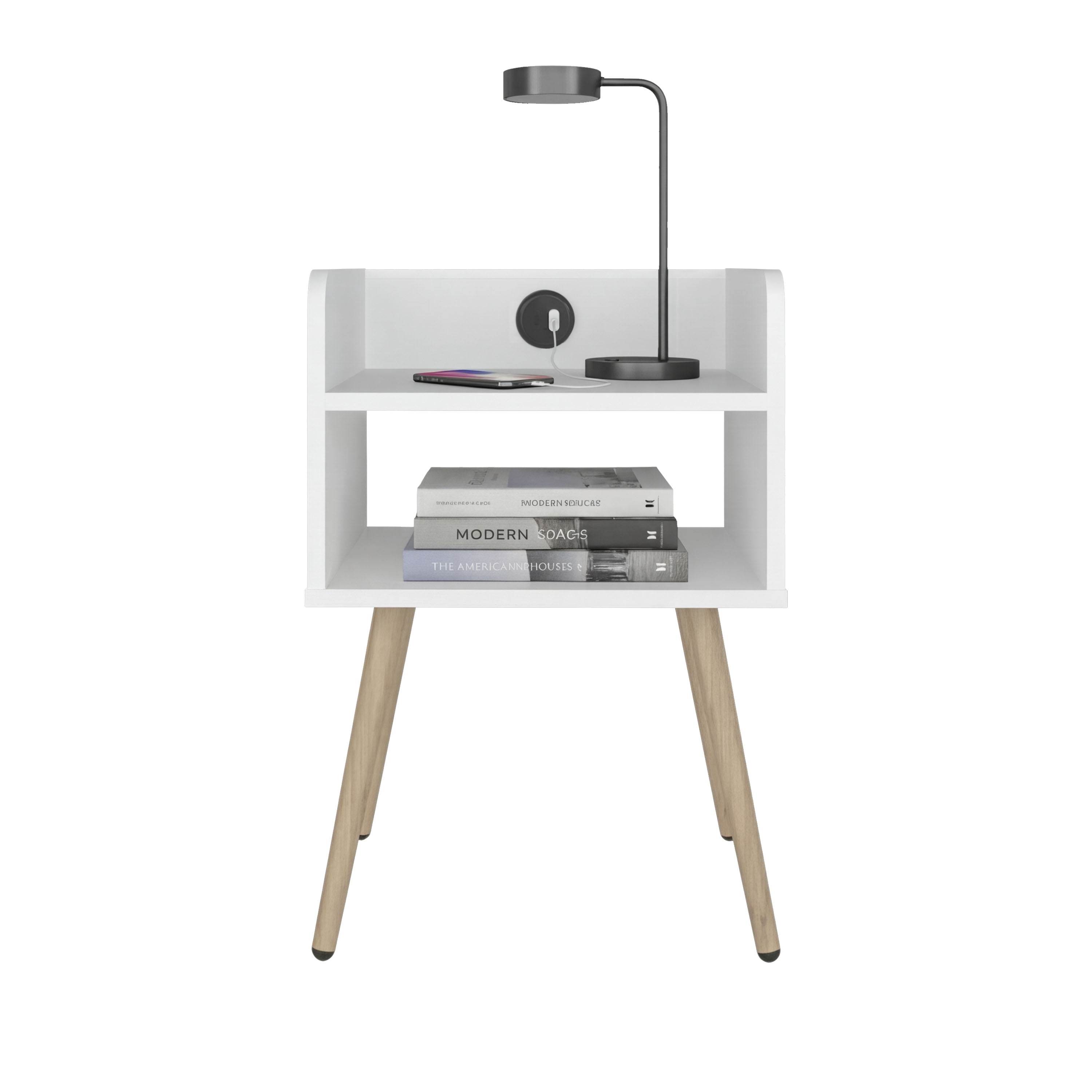 Nightstand with USB Port, 2 Shelves - White