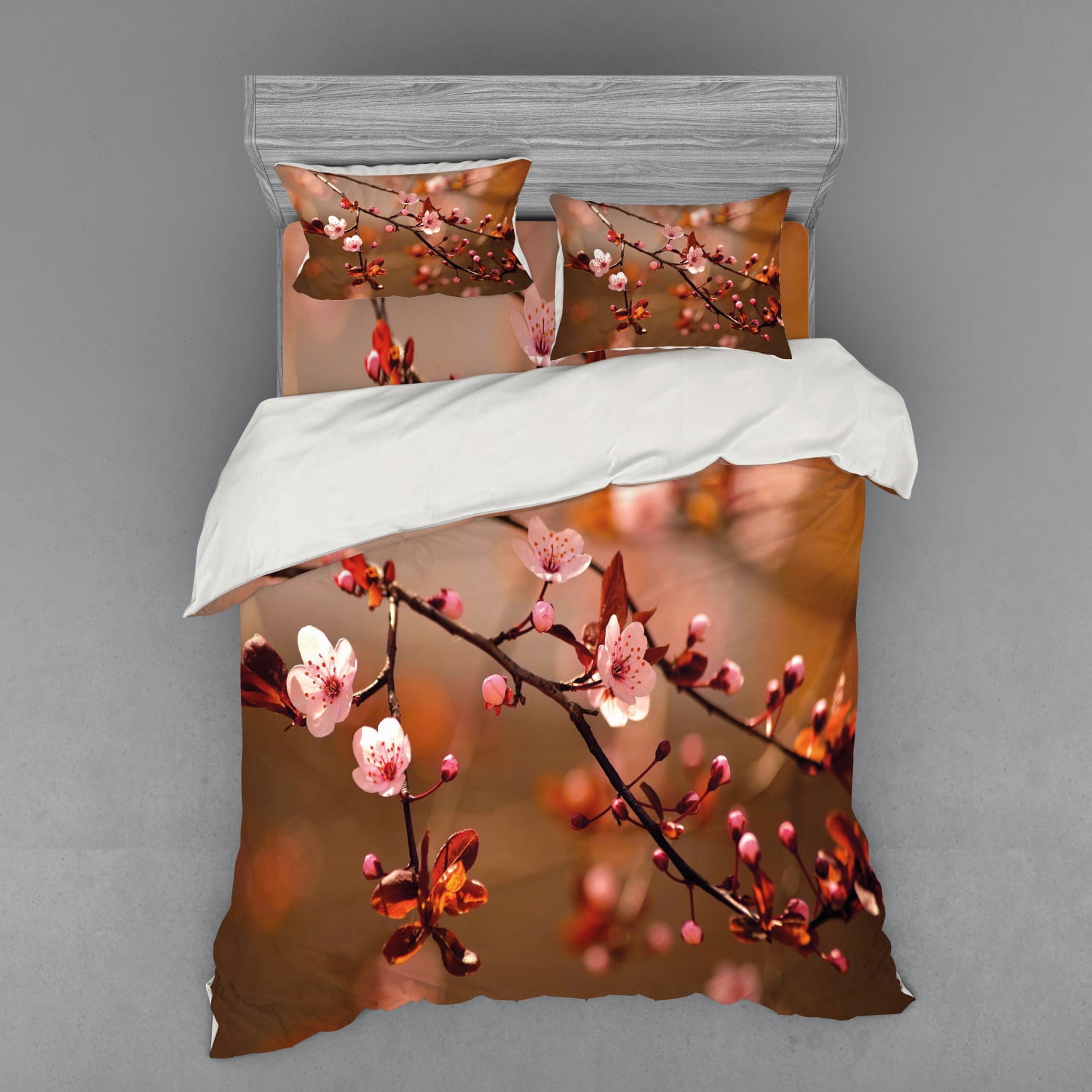 Nature Duvet Cover Set, Cherry Blossom Sakura Tree Branches Flowering Japanese Flourishing Print