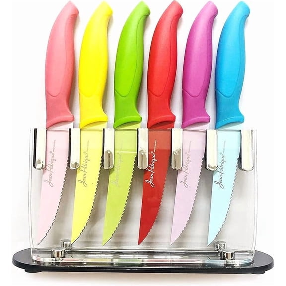 Jean-Patrique Non-Stick Steak Knife 6 Piece Set | Steel Blades Protector FREE Perspex Clear Knives Block