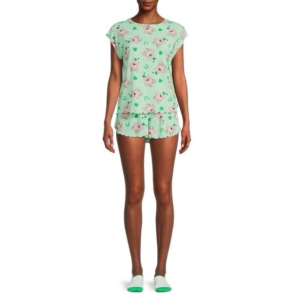 Viacom Women's and Women's Plus Nickelodeon Sponge Bob's Patrick Top and Shorts Pajama Set, 3-Piece