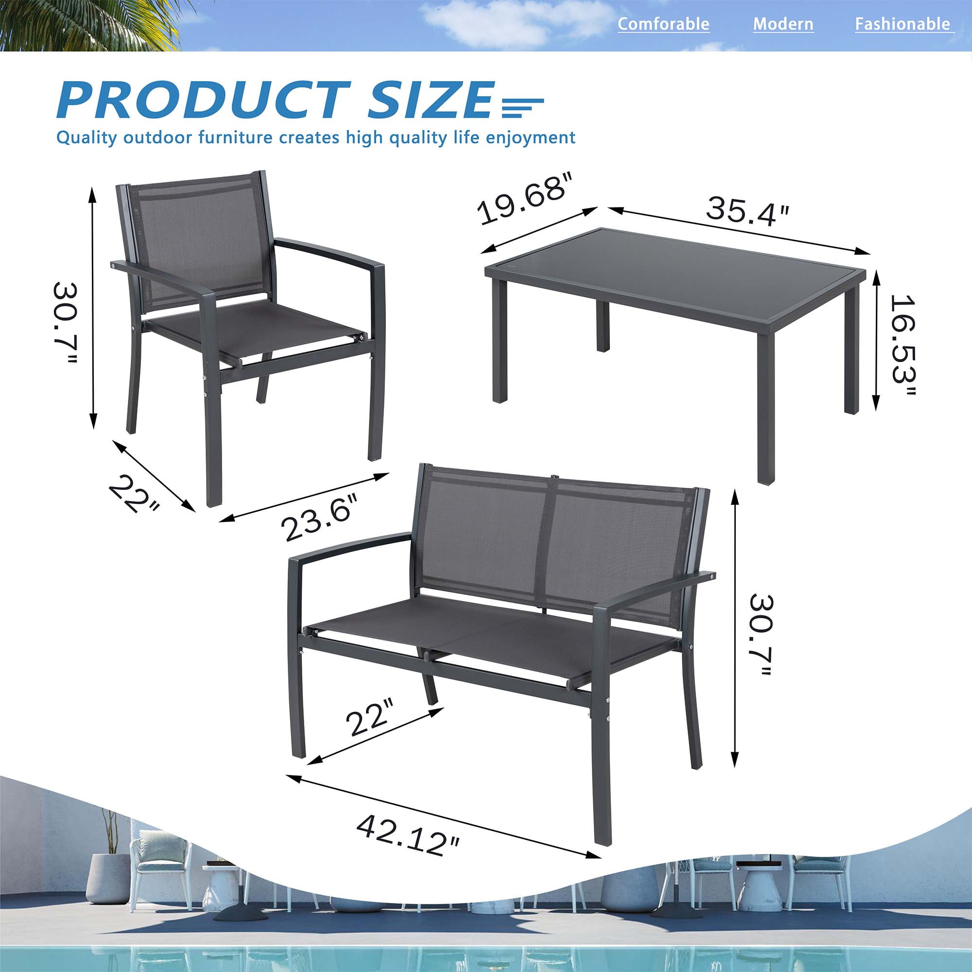 Walsunny 4 Pieces Outdoor Furniture Set All Weather Patio Textilene Steel Conversation Set, Patio Furniture Set Bistro Set with Loveseat ea Table for Lawn and Balcony, Gray