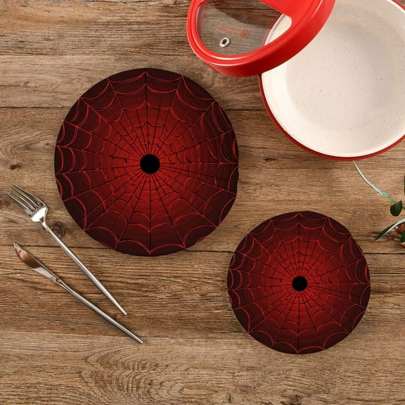 Wobogo Red Cobweb Trivets Potholders Set of 2 Cotton Woven Round Hot Plate Mats for Hot Dishes Bowls Teapots