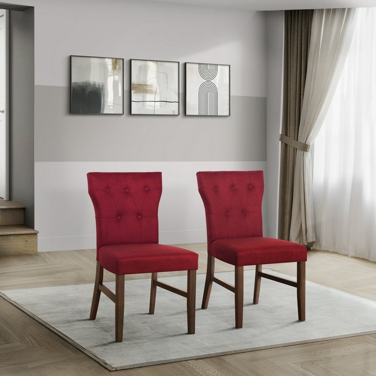 Castle Place Glam Wooden Linen Upholstered Dining Chairs, Red, Set