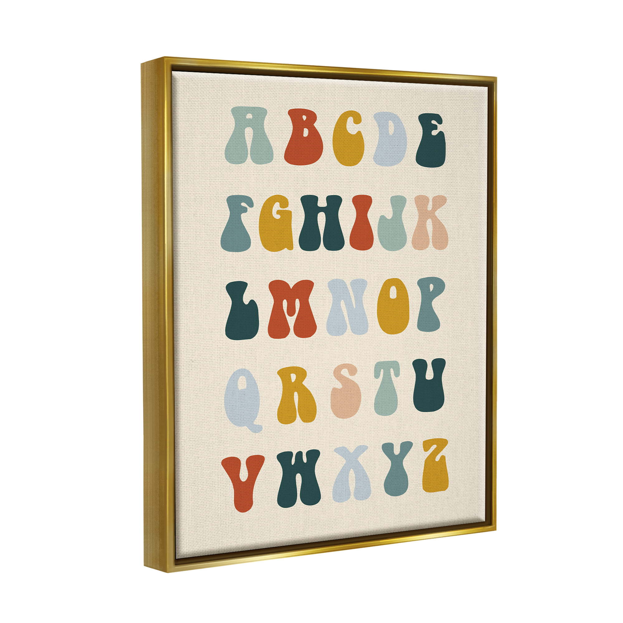 Stupell Industries Earthy Alphabet Letters Typography Painting Gold Floater Framed Canvas Art Print Wall Art, 17 x 21