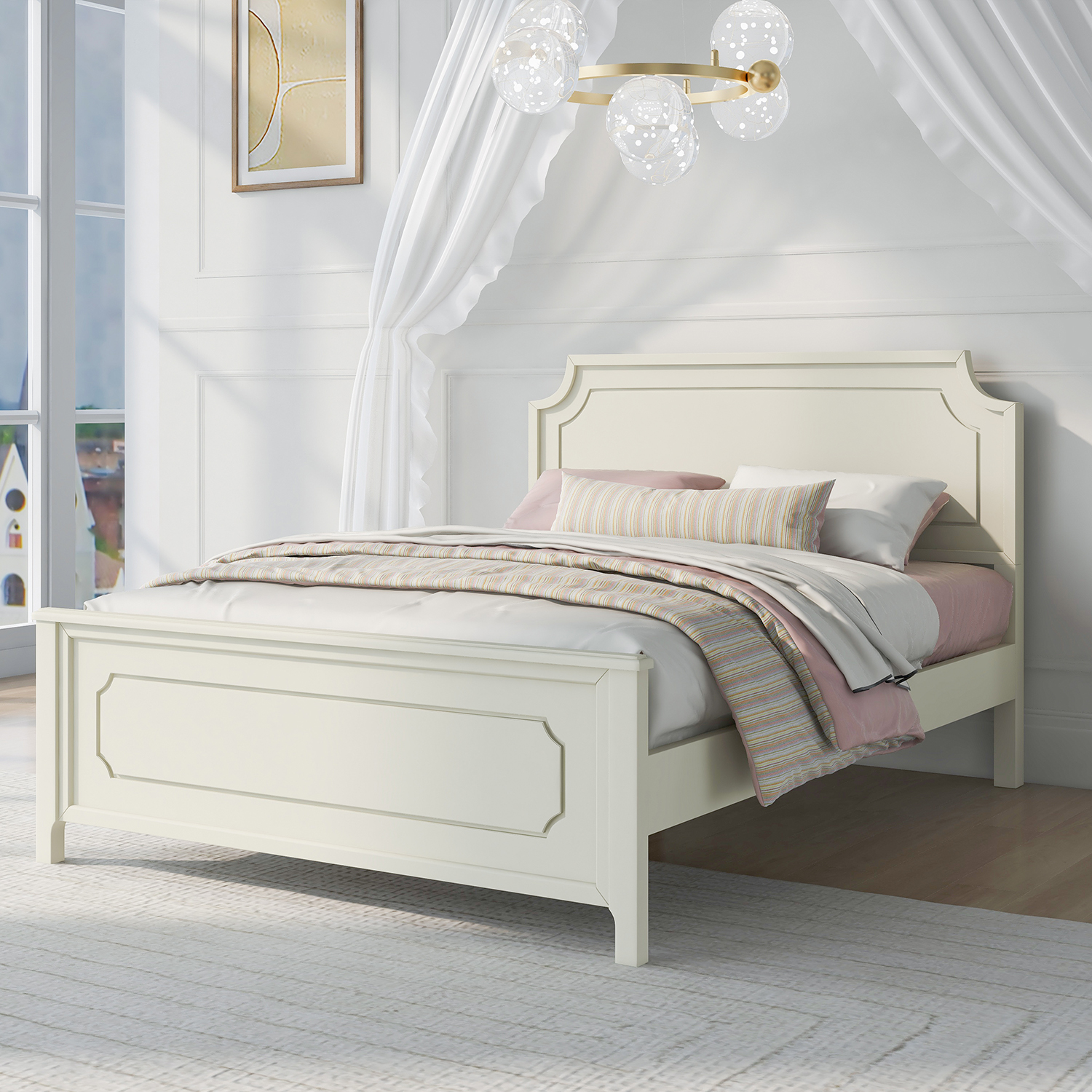 Kadyn Milky White Solid Rubber Wood Platform Bed, Modern Wood Queen Platform Bed with Headboard, Farmhouse bedstead for Bedroom