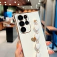 thumbnail image 4 of Compatible with Samsung Galaxy S22 Ultra Phone Case Women Luxury Plating Cute Love Heart Case with Heart Chain Bracelet Strap Camera Lens Protection Soft Silicone Shockproof Case (White), 4 of 6