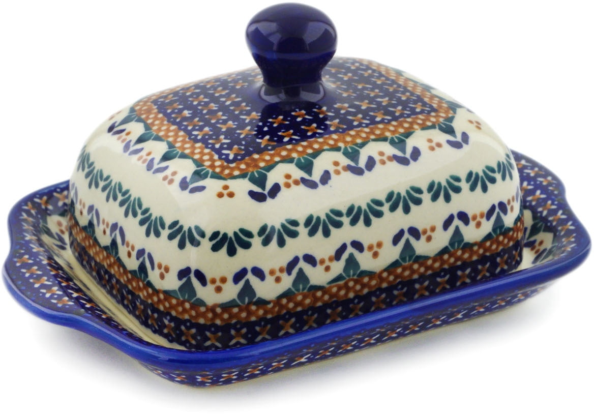 Polish Pottery 8inch Butter Dish (Blue Cress Theme) Hand Painted in