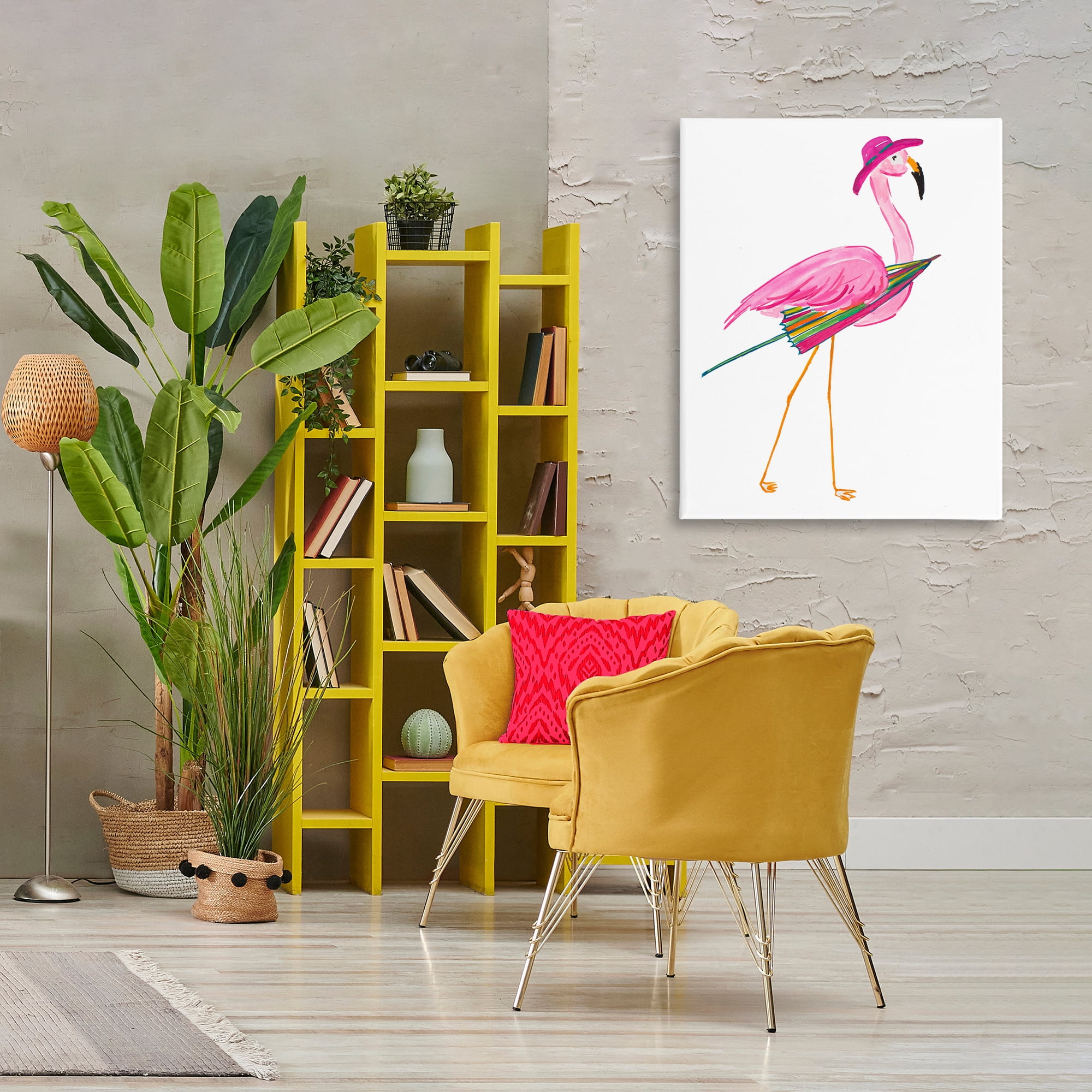 Stupell Industries Flamingo with Beach Umbrella Animals & Insects Painting Gallery Wrapped Canvas Art Print Wall Art, 30 x 40