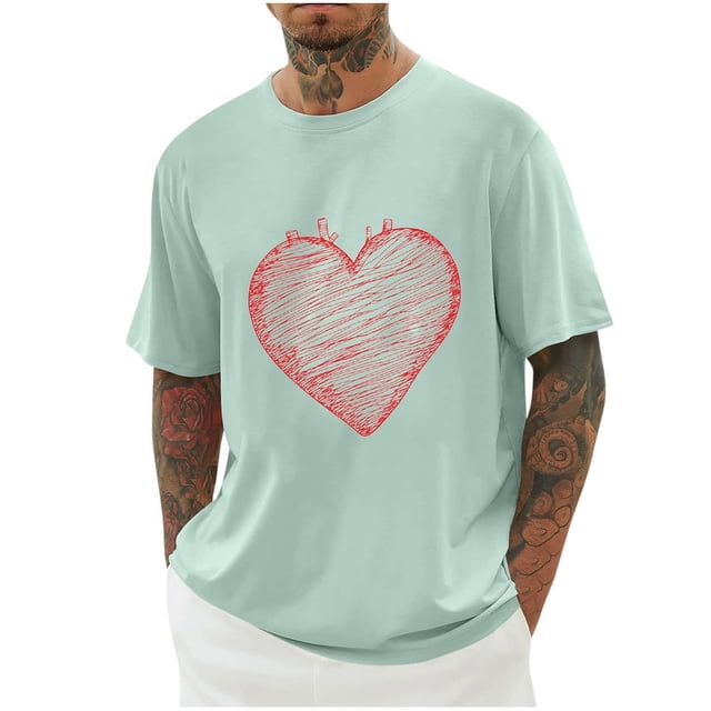 Plebaso T-Shirts d'Été pour Hommes Imprimé Cœur T-Shirts Graphiques Surdimensionnés Manches Courtes Col Rond Décontracté Ample