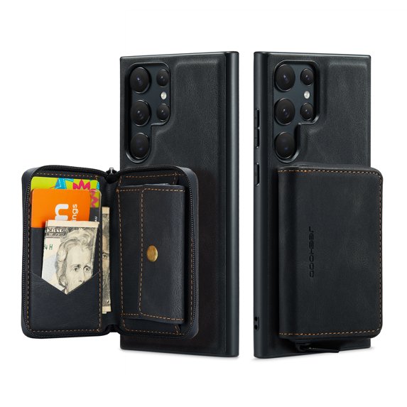 ELEHOLD Luxury Wallet Case for Samsung Galaxy S22 Ultra Leather Purse Case with Detachable Card Slots Zipper Pocket Kickstand Function Shockproof Protective Case,Black