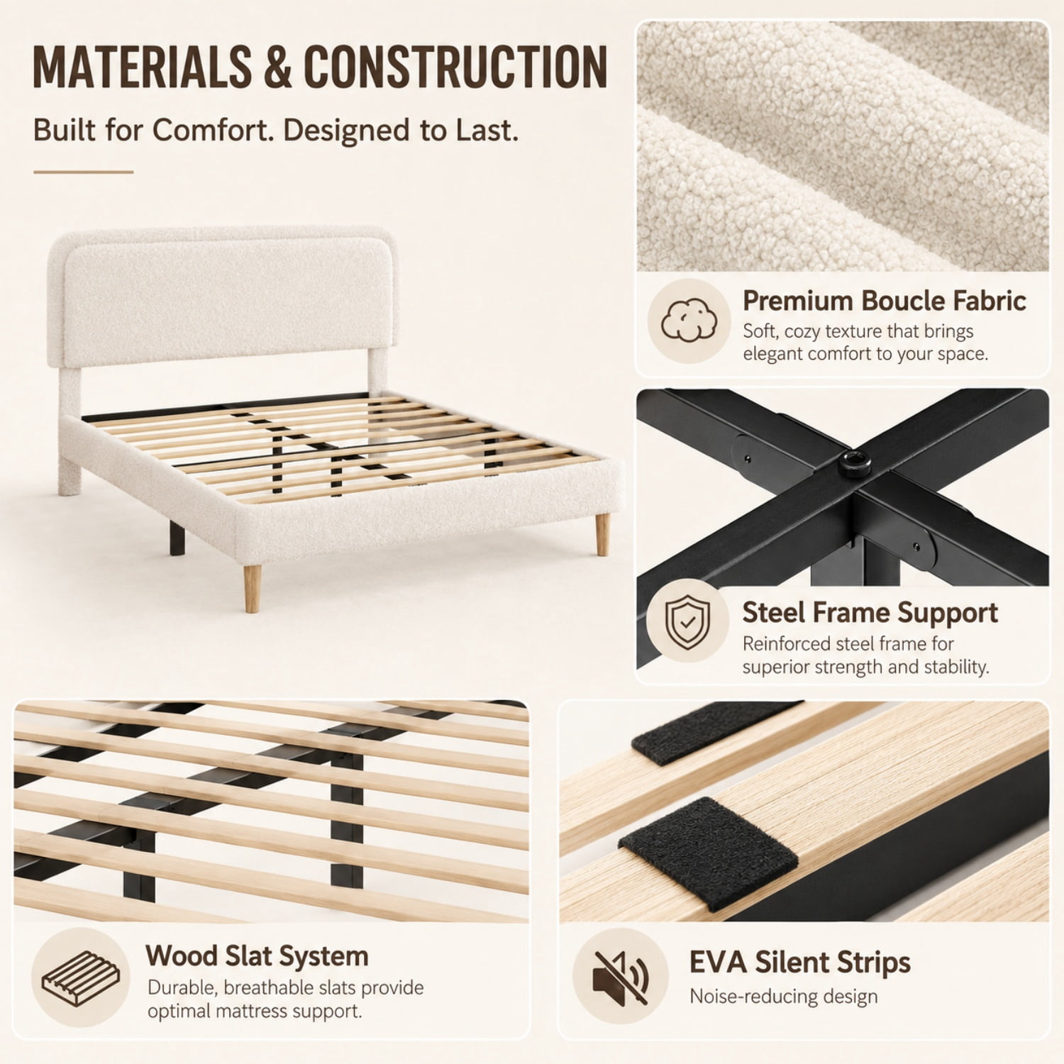 Miniyam King Size Boucle Upholstered Platform Bed Frame with Adjustable Headboard and Wood Slat Support, White
