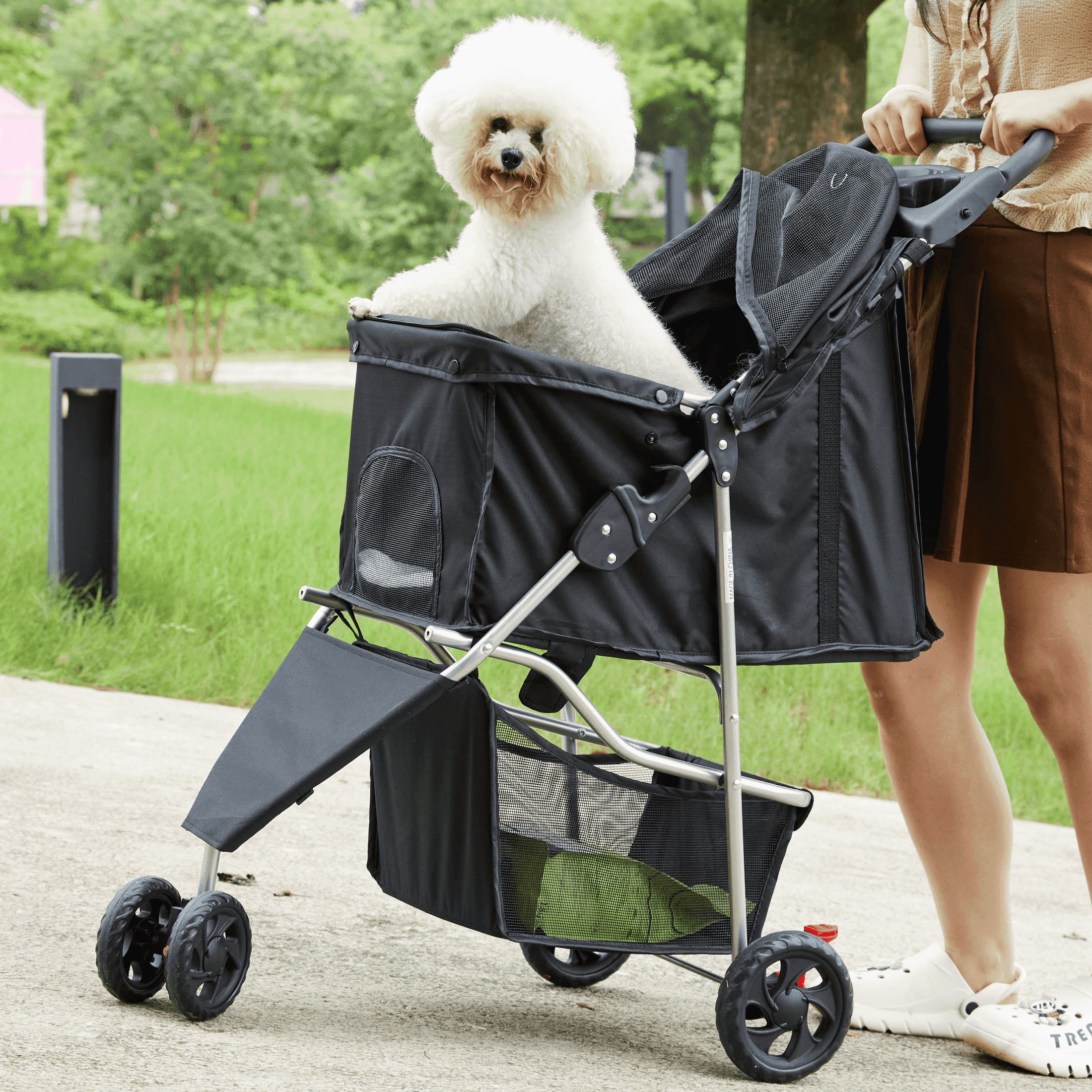 MAYEERTY Foldable Pet Stroller for Small-Medium Dogs/Cats with Storage Basket